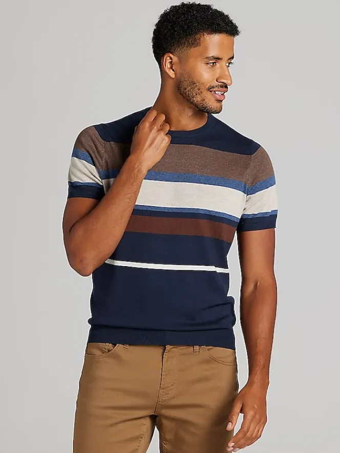 Sweaters|Casual Shop-Joseph Abboud Modern Fit Multistripe Short Sleeve Sweater Navy
