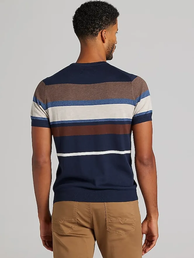 Sweaters|Casual Shop-Joseph Abboud Modern Fit Multistripe Short Sleeve Sweater Navy