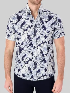Button Up Shirts|Casual Shirts-Report Collection Modern Fit Palm Print Linen Blend Button Up Shirt Navy And Blue