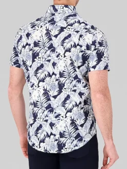 Button Up Shirts|Casual Shirts-Report Collection Modern Fit Palm Print Linen Blend Button Up Shirt Navy And Blue
