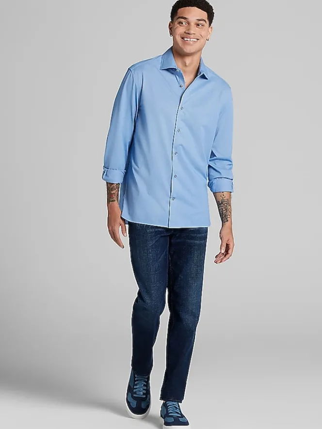 Button Up Shirts|Casual Shirts-Joseph Abboud Modern Fit Performance 4-Way Stretch Button Up Shirt Medium Blue