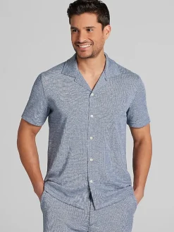 Casual Shirts|Button Up Shirts-Joseph Abboud Modern Fit Pique Knit Camp Shirt Navy