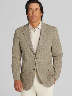 Sport Coats|Sport Coats-Nautica Modern Fit Plaid Linen Blend Sport Coat Tan Windowpane