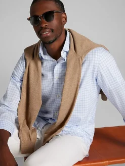 Patterned Dress Shirts|Designer Dress Shirts-Joseph Abboud Modern Fit Plaid Spread Collar Dress Shirt Lt Blue