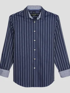 Button Up Shirts|Long Sleeve Button Up Shirts-Pronto Uomo Modern Fit Sateen Stripe Button Up Shirt Dark Blue