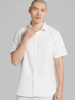 Casual Shirts|Button Up Shirts-Joseph Abboud Modern Fit Seersucker Short Sleeve Button Up Shirt White