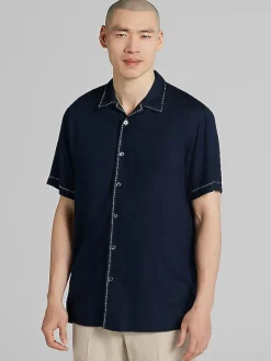 Button Up Shirts|Casual Shirts-Pronto Uomo Modern Fit Short Sleeve Camp Shirt Navy