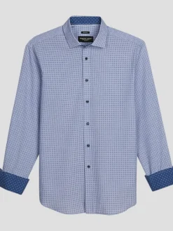 Button Up Shirts|Long Sleeve Button Up Shirts-Pronto Uomo Modern Fit Small Scale Print Button Up Shirt Blue