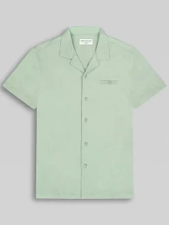 Button Up Shirts-Report Collection Modern Fit Solid Knit Slub Camp Shirt Light Green