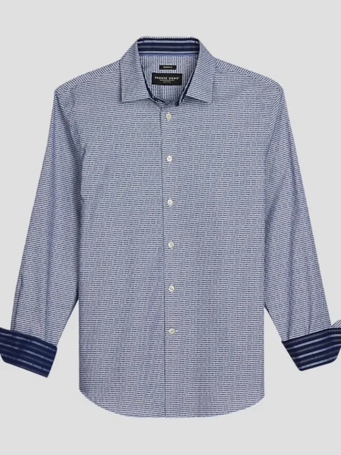 Button Up Shirts|Long Sleeve Button Up Shirts-Pronto Uomo Modern Fit Stripe Contrast Button Up Shirt Navy