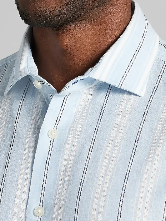 Button Up Shirts|Casual Shirts-Joseph Abboud Modern Fit Stripe Linen Blend Button Up Shirt Light Blue