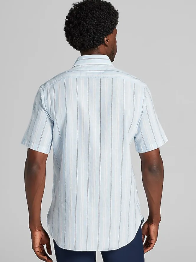 Button Up Shirts|Casual Shirts-Joseph Abboud Modern Fit Stripe Linen Blend Button Up Shirt Light Blue