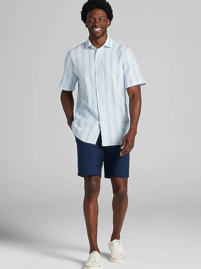 Button Up Shirts|Casual Shirts-Joseph Abboud Modern Fit Stripe Linen Blend Button Up Shirt Light Blue