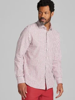 Button Up Shirts|Casual Shirts-Joseph Abboud Modern Fit Stripe Linen Blend Button Up Shirt Red