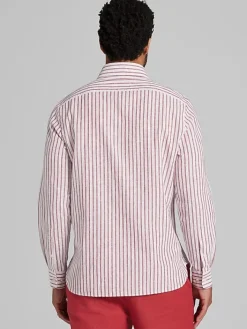 Button Up Shirts|Casual Shirts-Joseph Abboud Modern Fit Stripe Linen Blend Button Up Shirt Red