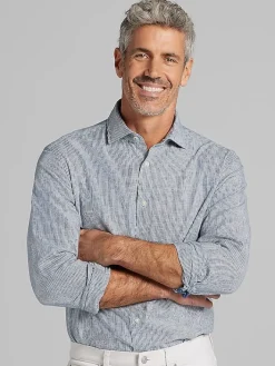 Button Up Shirts|Long Sleeve Button Up Shirts-Joseph Abboud Modern Fit Stripe Linen Blend Button Up Shirt Navy/White