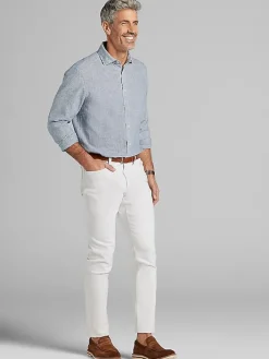 Button Up Shirts|Long Sleeve Button Up Shirts-Joseph Abboud Modern Fit Stripe Linen Blend Button Up Shirt Navy/White