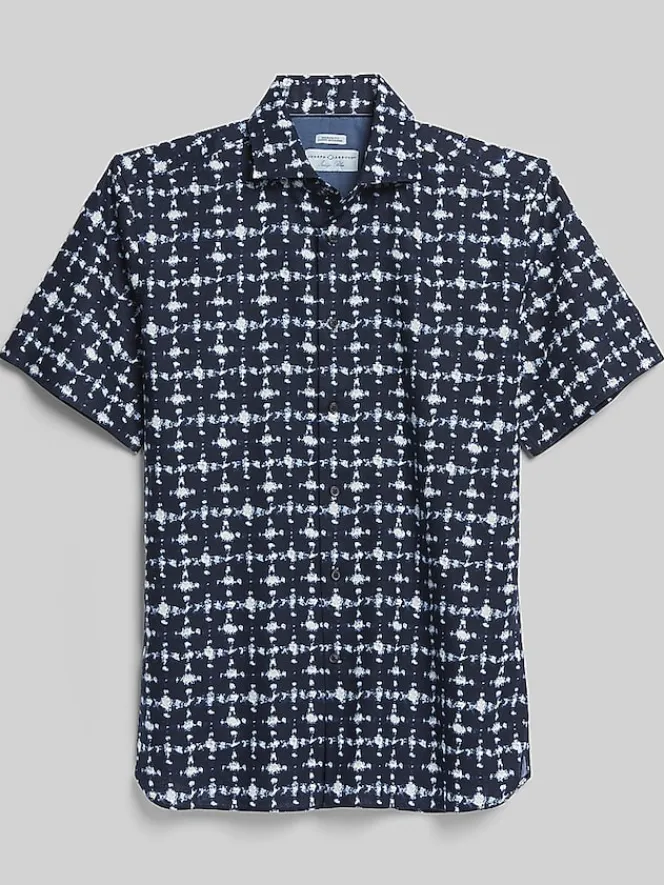 Button Up Shirts-Joseph Abboud Modern Fit Tie Dye Dot Short Sleeve Button Up Shirt Blue/Navy