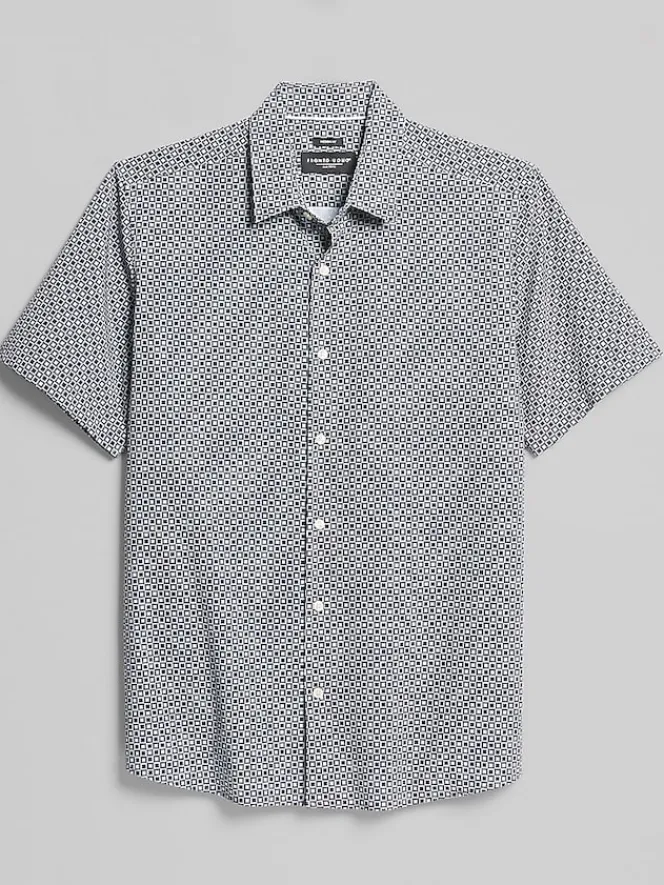 Button Up Shirts-Pronto Uomo Modern Fit Tile 4-Way Stretch Button Up Shirt Black