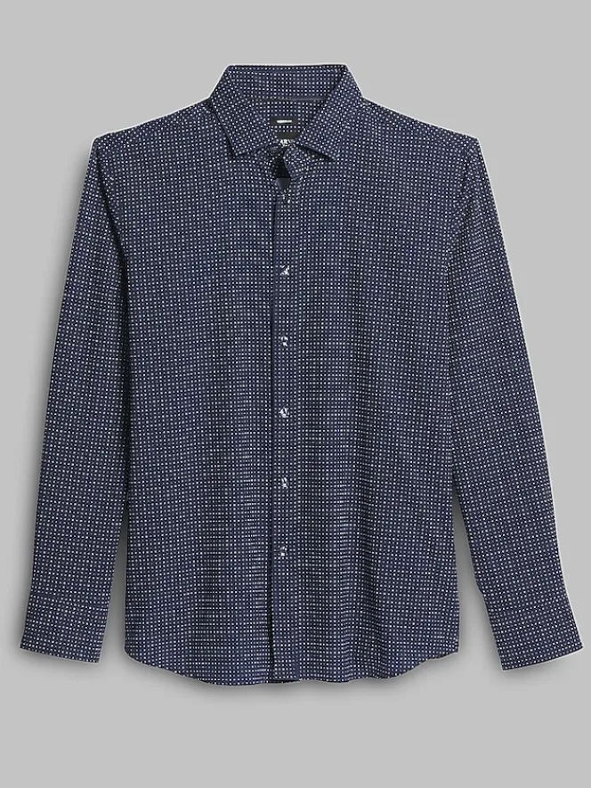 Button Up Shirts|Casual Shirts-Awearness Kenneth Cole Modern Fit 4-Way Stretch Mini Square Dot Button Up Shirt Navy