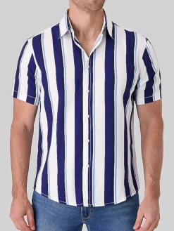 Button Up Shirts|Casual Shirts-Report Collection Modern Fit 4-Way Stretch Plaid Button Up Shirt Navy And Blue