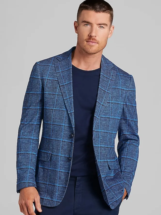Sport Coats|Sport Coats-Joseph Abboud Modern Fit Windowpane Knit Sport Coat Navy Windowpane