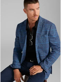 Sport Coats|Sport Coats-Joseph Abboud Modern Fit Windowpane Knit Sport Coat Navy Windowpane