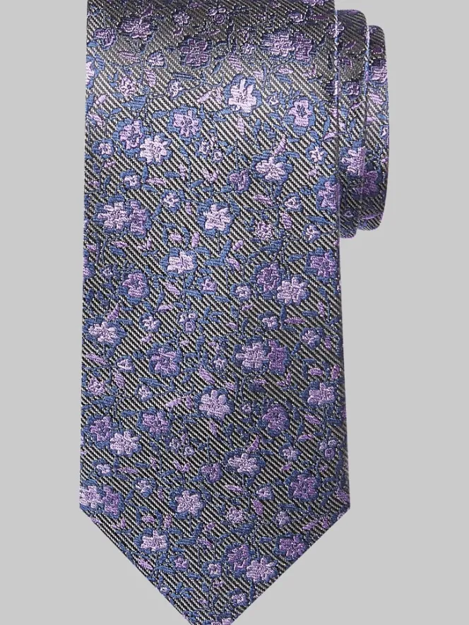 Ties-Pronto Uomo Narrow Floral Silk Tie Plum/Blu Floral