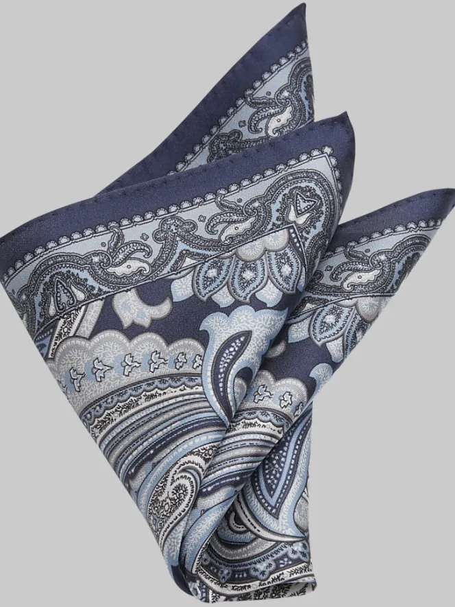 Formal Accessories|Pocket Squares-Joseph Abboud Paisley Silk Pocket Square Navy