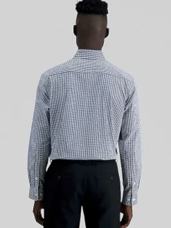 Patterned Dress Shirts|Designer Dress Shirts-Haggar Premium Comfort Classic Fit Plaid Dress Shirt Blue Stripe