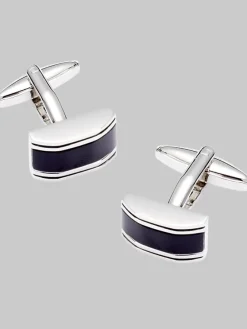 Formal Accessories|Tie Bars & Cufflinks-Pronto Uomo Rectangle Black Enamel Cufflinks Silver