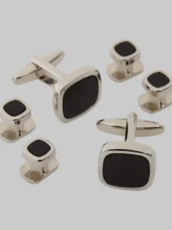 Jewelry|Tie Bars & Cufflinks-Pronto Uomo Round Cufflinks & Studs Set Black