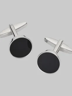 Tie Bars & Cufflinks-Pronto Uomo Round Onyx Silver Cufflinks Black/Silver