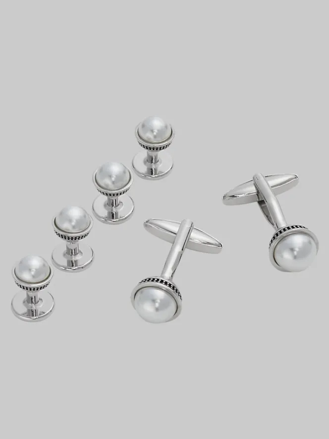 Tie Bars & Cufflinks-Pronto Uomo Round Pearl Cufflinks & Studs Set Silver
