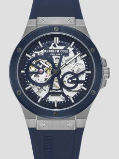 Watches-Kenneth Cole Skeleton Transparent Dial Silicone Strap Watch Dark Blue