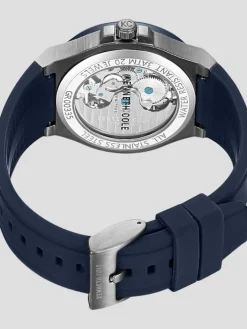 Watches-Kenneth Cole Skeleton Transparent Dial Silicone Strap Watch Dark Blue