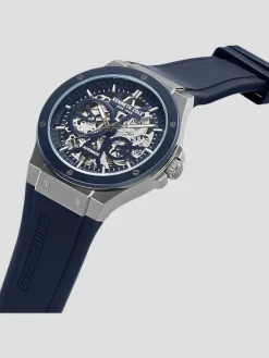 Watches-Kenneth Cole Skeleton Transparent Dial Silicone Strap Watch Dark Blue