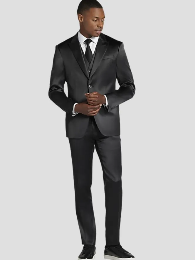 3-piece Suits|Suit Separates-Egara Skinny Fit Shiny Suit Jacket Black Shiny