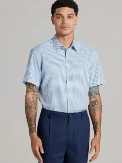 Button Up Shirts|Casual Shirts-Awearness Kenneth Cole Slim Fit Circular Squares 4-Way Stretch Button Up Shirt Blue