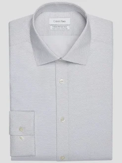 Dress Shirts|Patterned Dress Shirts-Calvin Klein Slim Fit Cotton Blend Spread Collar Textured Dress Shirt Gray Check
