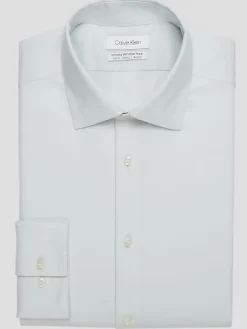Patterned Dress Shirts|Designer Dress Shirts-Calvin Klein Slim Fit Cotton Blend Textured Dress Shirt Lt Green Check