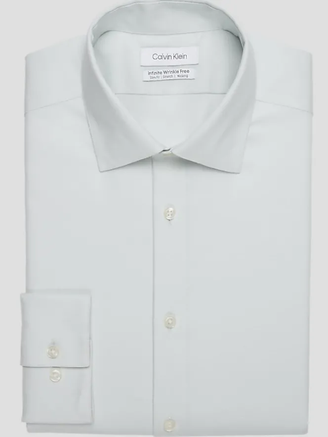 Patterned Dress Shirts|Designer Dress Shirts-Calvin Klein Slim Fit Cotton Blend Textured Dress Shirt Lt Green Check