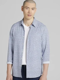 Button Up Shirts|Casual Shirts-Awearness Kenneth Cole Slim Fit Diamond Geo 4-Way Stretch Button Up Shirt Blue