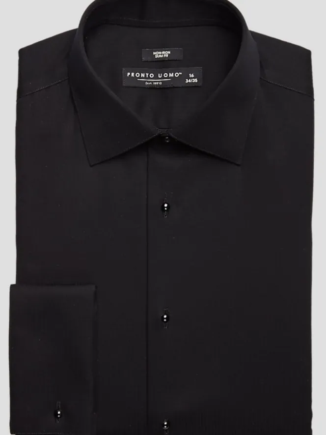Dress Shirts|Formal Shirts-Pronto Uomo Slim Fit French Cuff Tuxedo Formal Shirt Black Solid