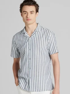 Button Up Shirts-Paisley &Amp; Gray Slim Fit Herringbone Stripe Short Sleeve Camp Shirt Med Blue