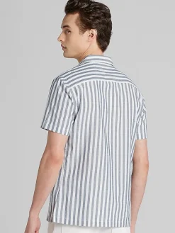 Button Up Shirts-Paisley &Amp; Gray Slim Fit Herringbone Stripe Short Sleeve Camp Shirt Med Blue