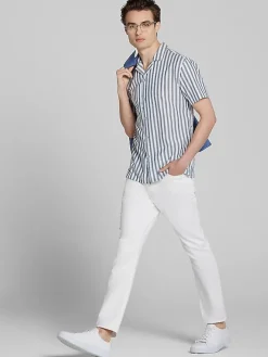 Button Up Shirts-Paisley &Amp; Gray Slim Fit Herringbone Stripe Short Sleeve Camp Shirt Med Blue