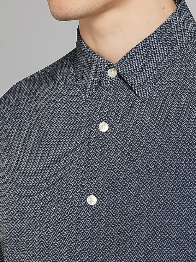Button Up Shirts|Long Sleeve Button Up Shirts-Awearness Kenneth Cole Slim Fit Industrial Weave Print 4-Way Stretch Button Up Shirt Black/Grey
