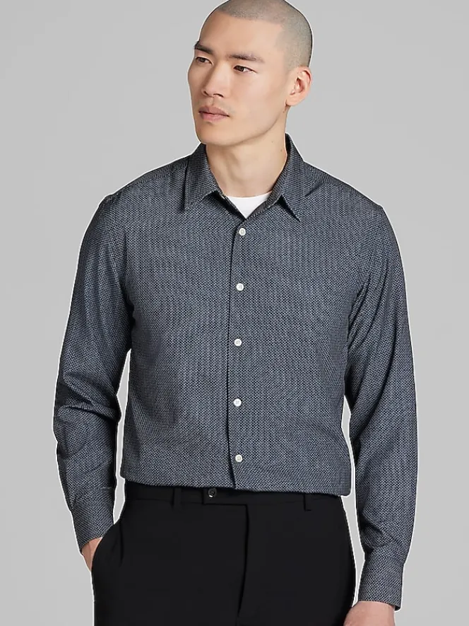 Button Up Shirts|Long Sleeve Button Up Shirts-Awearness Kenneth Cole Slim Fit Industrial Weave Print 4-Way Stretch Button Up Shirt Black/Grey