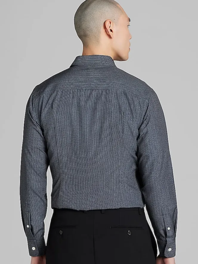 Button Up Shirts|Long Sleeve Button Up Shirts-Awearness Kenneth Cole Slim Fit Industrial Weave Print 4-Way Stretch Button Up Shirt Black/Grey